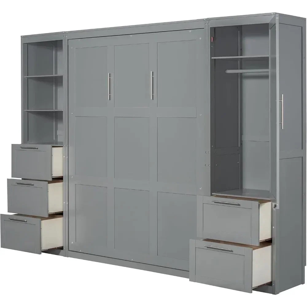 Harper & Bright Designs Queen Size Murphy Bed with Closet, Wall Bed with Drawers and Shelves, Gray
