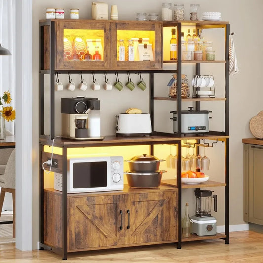 Itaar Bakers Rack with Power Outlet and LED Light 45.3 Inch Farmhouse Coffee Bar Cabinet